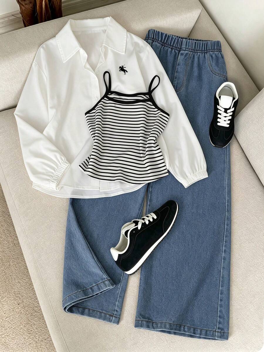 SHEIN 3件組女童春秋純色長袖上衣 + 條紋細肩帶背心 + 牛仔長褲，寬鬆淺藍牛仔褲，甜美休閒日常穿搭套裝 - 白色 - 查看 1