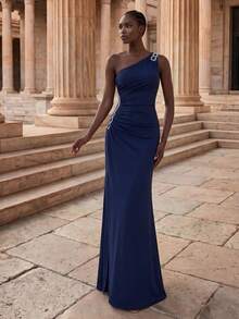 Coutiva Rhinestone Decor Elegant One Shoulder High Slit Bridesmaid Dress - Royal Blue - View 5