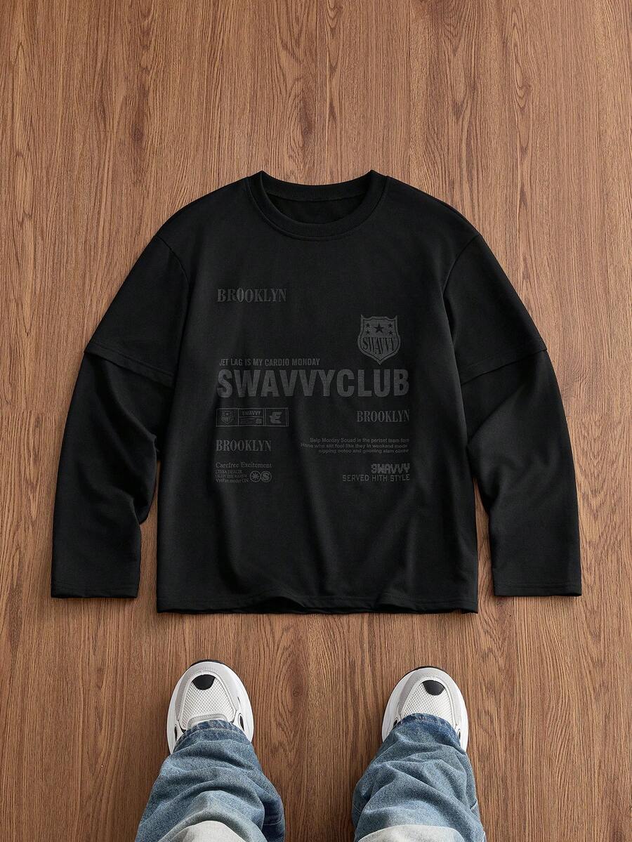 SWAVVY 男士休閒寬鬆圓領長袖T恤,春秋款,標準尺寸,黑色,橡膠印花,2合1 - 黑色 - 查看 1