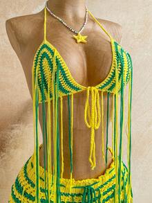 Soleia Summer Women's Vacation Style Beach Fringe Knit Bikini Set Green And Yellow Sexy - Multicolor - View 5