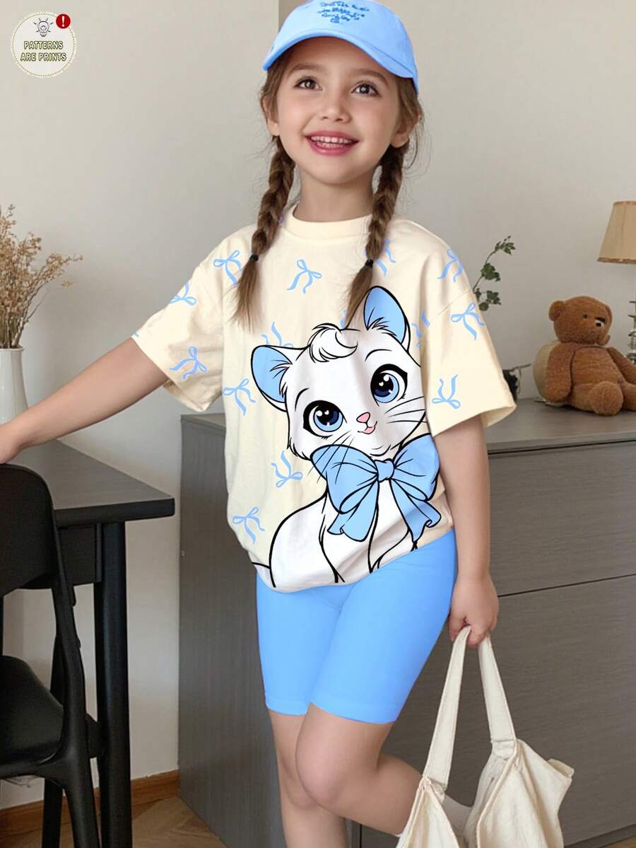 2件組,少女休閒簡約甜美可愛蝴蝶結貓咪圖案,甜美時尚芭蕾風,奶油藍,公主風,淑女,圓領短袖T恤粉色緊身褲套裝,適合春季/夏季和秋季/冬季,日常、居家、戶外穿著,情人節Y2k,可愛,兒童 - 彩色 - 查看 1