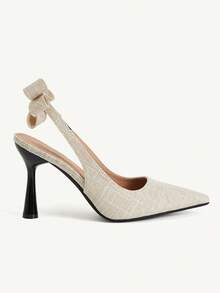CUCCOO CHICEST Stylish Apricot Tweed Pointed-Toe High Heels With A Bow, Elegant, Comfortable, And Simple Design; Perfect For Parties And Banquets. - apricot linen - View 3
