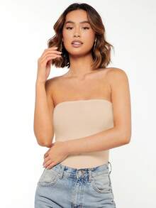 SHEIN BASICS 女上衣，外出上衣/夏季/露肩上衣 女款上衣 - 卡其色 - 查看 4
