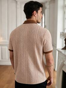 Core Aspect 男士休閒提花 Polo 衫，針織鉤編面料，刺繡 Polo 衫，休閒風格 Polo 衫，鈕扣式 Polo 衫，適合日常出遊 - 杏色 - 查看 2