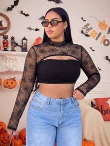 Muchica Plus-Size Women's New Halloween Spider Web Print Cropped Top Winter - Black - View 4