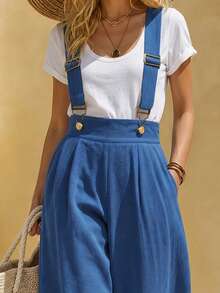 Balvessa Adjustable Gourd Buckle Criss-Cross Strap Metal Round Buckle Side Zipper High Waist Women's Long Pants - Blue - View 4