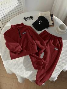 SHEIN 兒童小男孩休閒極簡風2件套，適合秋冬，抓絨加厚 - 酒紅色 - 查看 6