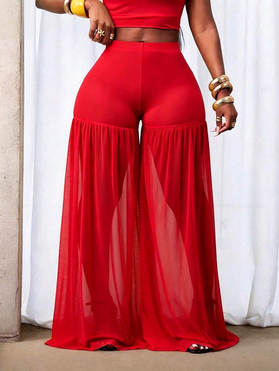 BamGleam Women's Solid Color Elastic Waist Wide Leg Mesh Sheer Long Pants - Red - View 1