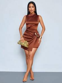 SOLERSUN Women's Solid Color Stand Collar Metal Decor Asymmetric Hem Sleeveless Fashion Dress - Brown - View 4