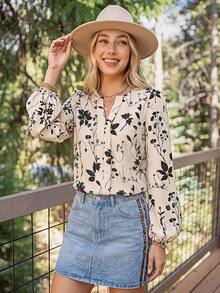 Coeurva Women's White Floral Blouse V-Neck Long Sleeve Floral Print Button Front Closure Fall Autumn Elegant Refined Outdoor Versatile Evening Vacation - Multicolor - View 5