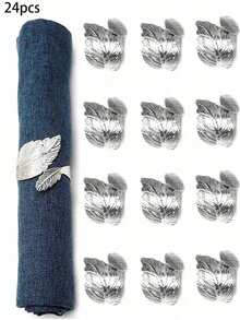 24Piece Leaf Shape Napkin Rings, Shiny Metal Napkin Rings For Dinner Table Decoration, Fashion Autumn Napkin Rings Bulk, Ideal For Christmas, Easter, Wedding, Party, Elegant Table Setting Gift Ideas - Silver - View 10