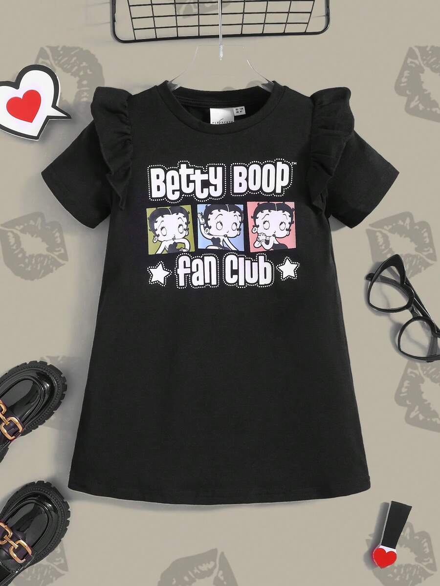 Betty Boop x SHEIN Young Girl Cartoon Figure And Letter Print Ruffle Trim Tee Dress - Black - View 1