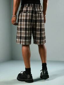 ROMWE MEN Street Life Men's Casual Pocket Button Pleated Plaid Shorts - Khaki - View 2