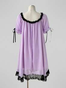 Sunspun Plus Size Vintage Asymmetrical Hem Lace Trim Patchwork Dress - Purple - View 2