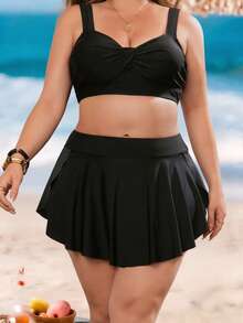 SHEIN Swim Curve 大尺碼女款一件式純色海灘度假比基尼泳褲下身 - 黑色 - 查看 5
