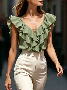 Flora Isola Flora Isola Women's Summer V-Neck Hollow Out Ruffle Trim Camisole Top, French Style Elegant Loose Fit Slimming Commuter Brunch Date Design Blouse Sage Green - Green - View 5