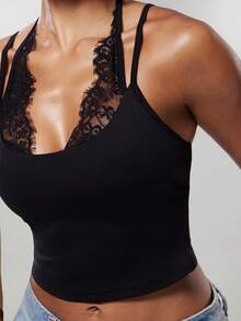 Denimoi Sexy Lace Trim Scoop Neck Top GNO Date Night Dinner Outfits Sexy Tops Layering Girls Night Out - Black - View 3