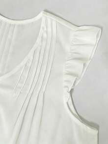 SHEIN Franclia V領百褶蕾絲拼接波點女款上衣 荷葉袖無袖上衣 適合外出與度假 夏季上衣 - 白色 - 查看 4