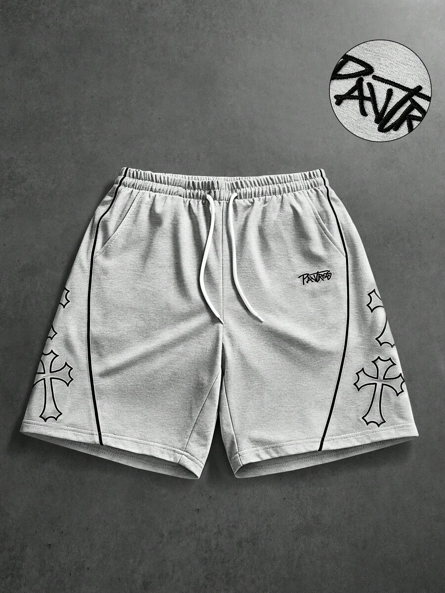 PAVTROS Pantalones cortos con cordón en la cintura, bolsillos y estampado de cruz para hombre, vacaciones - Gris - Ver 1