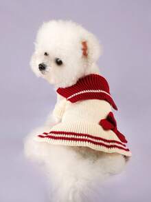 PETSIN 1pc Red And White Striped Knitted Pet Yarn Skirt, Fold Over Collar, Three-Dimensional Knitted Bow, Ruffle Edge Warm Dog Sweater, Suitable For Small Cats And Dogs In Autumn And Winter, Suitable For Daily Walking, Home, Christmas Dressing - burgundy strips - View 5