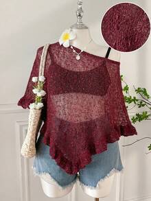SHEIN EZwear 大码女式绿色荷叶边半透明休闲钩针披肩，适合夏季外出和约会 - 紅色 - 查看 1
