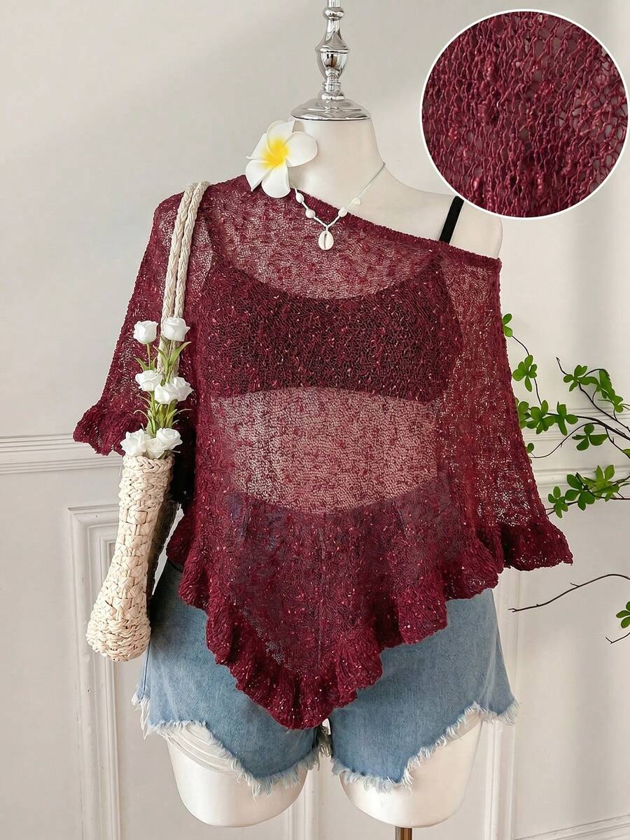 SHEIN EZwear 大码女式绿色荷叶边半透明休闲钩针披肩,适合夏季外出和约会 - 紅色 - 查看 1