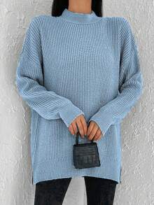 SHEIN Cottnline Women'S Stand Collar Drop Shoulder Sweater - Baby Blue - View 4