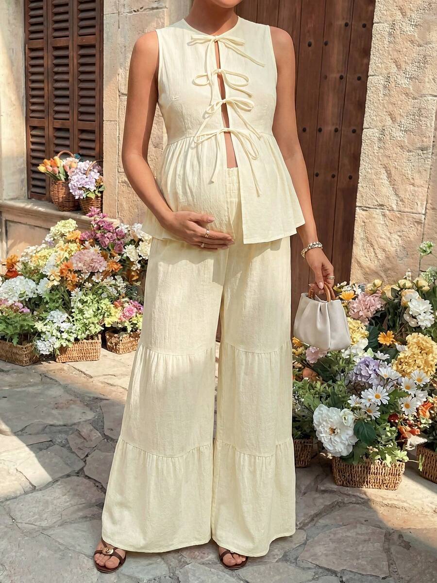 SHEIN Umstands-Set 2-teilig Einfarbig, ärmelloses Bindetop und Hose zum Stillen - Beige - Übersicht 1