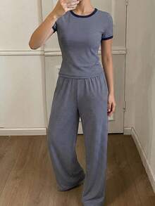 DAZY Women's Round Neck Striped Short Sleeve Top And Long Pants Casual Daily Homewear Set Summer Pajamas - Navy Blue - View 7