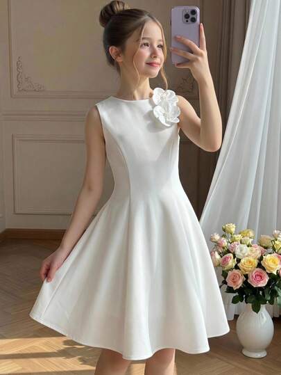 Pitira Đầm bé gái tween màu trắng thanh lịch mùa xuân/hè mới, trang trí hoa 3D, eo chiết, dáng chữ A, sát nách, đầm dự tiệc, mặc quanh năm