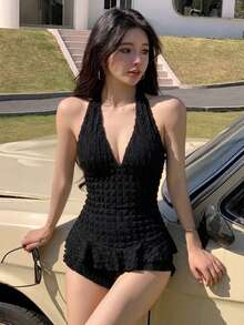 DAZY 女款純色紋理時尚掛脖式連身泳衣，適合度假海灘穿搭 - 黑色 - 查看 1