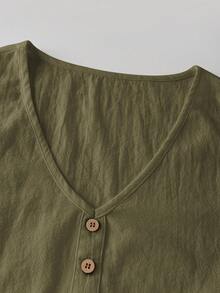 Zayélia Women's Solid Color V-Neck Button Design Casual Basic Tank Top Everyday Travel Olive Green Summer - Army Green - View 3