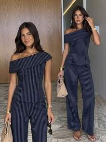 Siren Gaze Women Summer Casual Striped Foldover Asymmetric Collar Fitted Top Wide Leg Pants 2 Sets Elegant Going Out Vacation Y2k Work Office Business - Navy Blue - View 11
