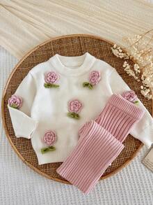 SHEIN LMoss Kids 女嬰針織圓領3D花朵休閒毛衣與長褲兩件套 - 彩色 - 查看 8