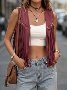Brillora Fringe Trim Open Front Vest Summer Jacket In Fall/Winter - Burgundy - View 11