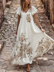 Holdful Holdful Women's V-Neck Ruffle Sleeve Short Sleeve Elegant Celestial Sexy Casual Boho Rose Pattern Floral White Dress A-Line Party Formal Summer - Multicolor - View 8