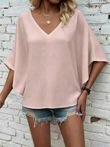 EMERY ROSE Camisa de manga de murciélago de unicolor casual, verano - Rosa Pálido - Ver 4