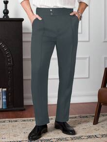 Manfinity Homme Men's Solid Color Toothpick Stripe Design Casual High Waist Suit Pants - Dark Grey - View 7