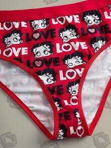 Betty Boop x SHEIN Conjunto de camiseta y calzoncillos con estampado de retrato de dibujos animados, cómodo y de talla grande, para verano - Rojo y blanco - Ver 6