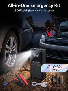 Car Jump Starter With Air Compressor, Portable Battery Booster Pack ,  Lithium Jump Starter With LED Light, Fast Charging - Multicolor - View 2