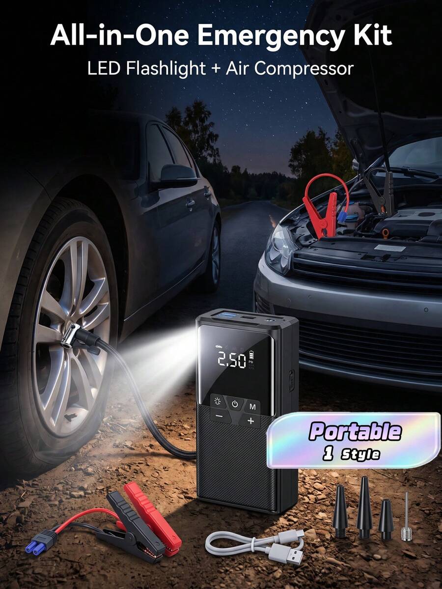 Car Jump Starter With Air Compressor, Portable Battery Booster Pack ,  Lithium Jump Starter With LED Light, Fast Charging