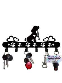 1pc Sturdy Iron Dog Shaped Wall Mounted Key Holder Multi Hook Rack Rustproof Black Cute Pet Pattern Organizer For Keys Coats Hats Towels Entryway Hallway Home Decor Gift Housewarming - Black - View 1