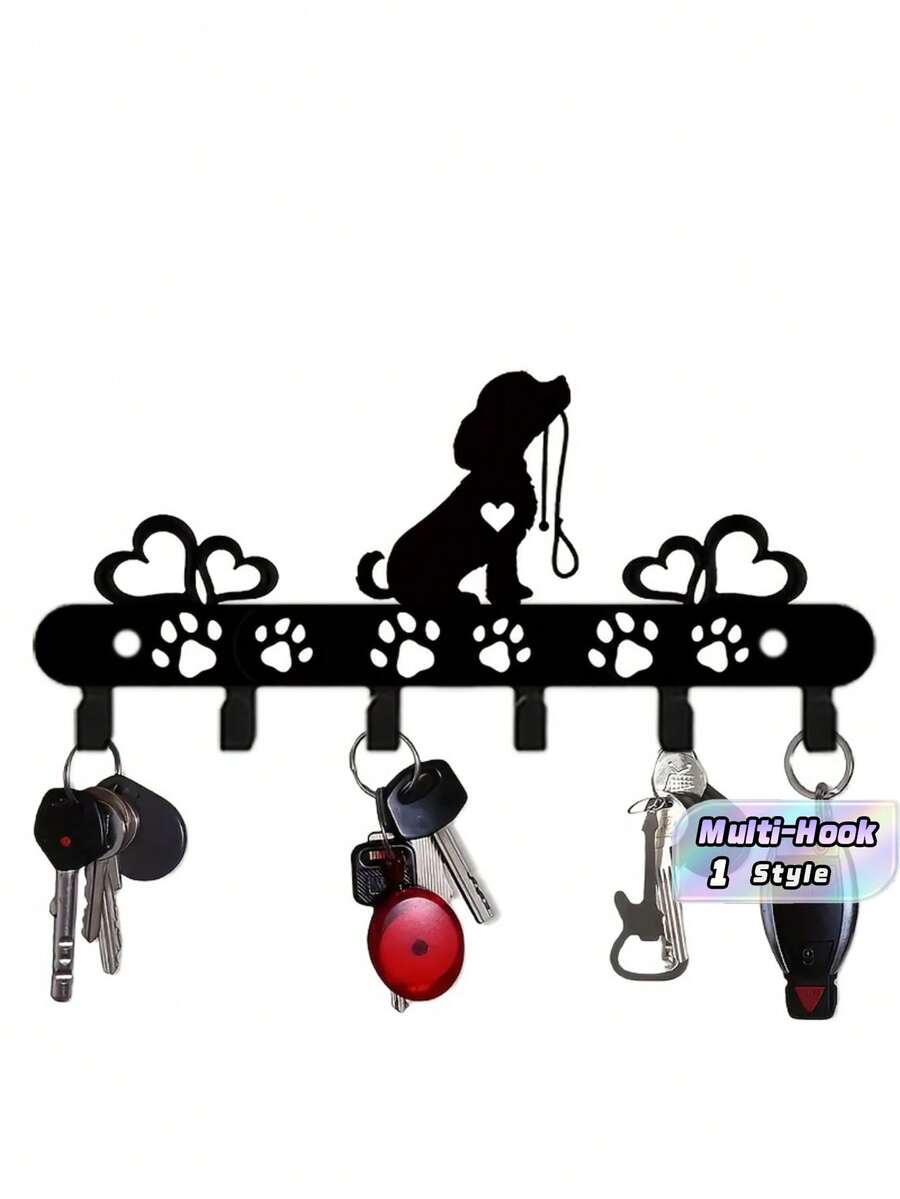 1pc Sturdy Iron Dog Shaped Wall Mounted Key Holder Multi Hook Rack Rustproof Black Cute Pet Pattern Organizer For Keys Coats Hats Towels Entryway Hallway Home Decor Gift Housewarming - Black - View 1