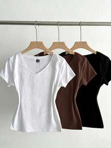 SHEIN EZwear 3件組女款夏季V領修身T恤，龐克次文化動漫素色基本款V領短袖修身T恤 - 彩色 - 查看 3