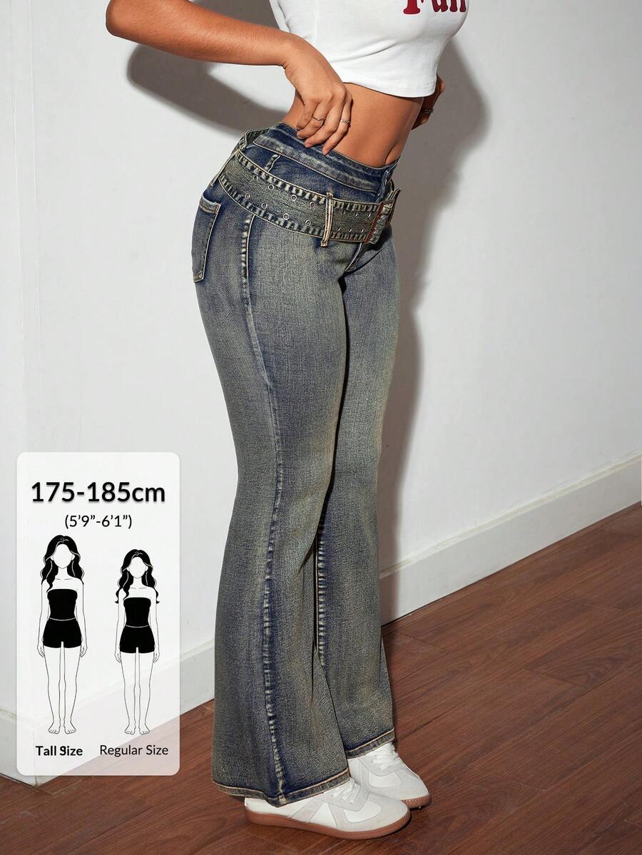 SHEIN Tall Vintage Distressed Low Waist Flare Leg Jeans, Tall Women - Blue - View 1