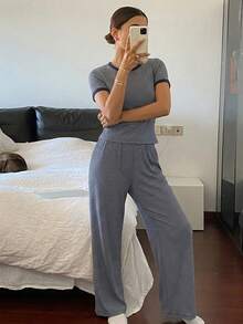 DAZY Women's Round Neck Striped Short Sleeve Top And Long Pants Casual Daily Homewear Set Summer Pajamas - Navy Blue - View 5