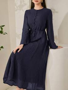 Veilorie New Fabric Ruched Texture Spaghetti Strap Slimming A-Line Flowy Beach Vacation Casual Party Dress - Navy Blue - View 5