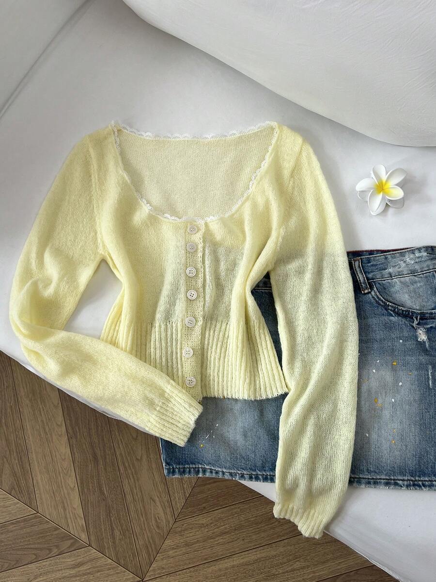 Elamini Pale Yellow Sweet Lace Mohair Lightweight Cardigan Brunch Date Autumn Cottagecore Romantic - Yellow - View 1