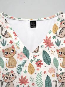 PopScrub Women's Cartoon Cat Pattern Short Sleeve Scrub Top - Multicolor - View 4
