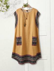 Rusticease Vestido elegante de vacaciones con cuello redondo, bolsillos y estampado geométrico para tallas grandes - Amarillo - Ver 10